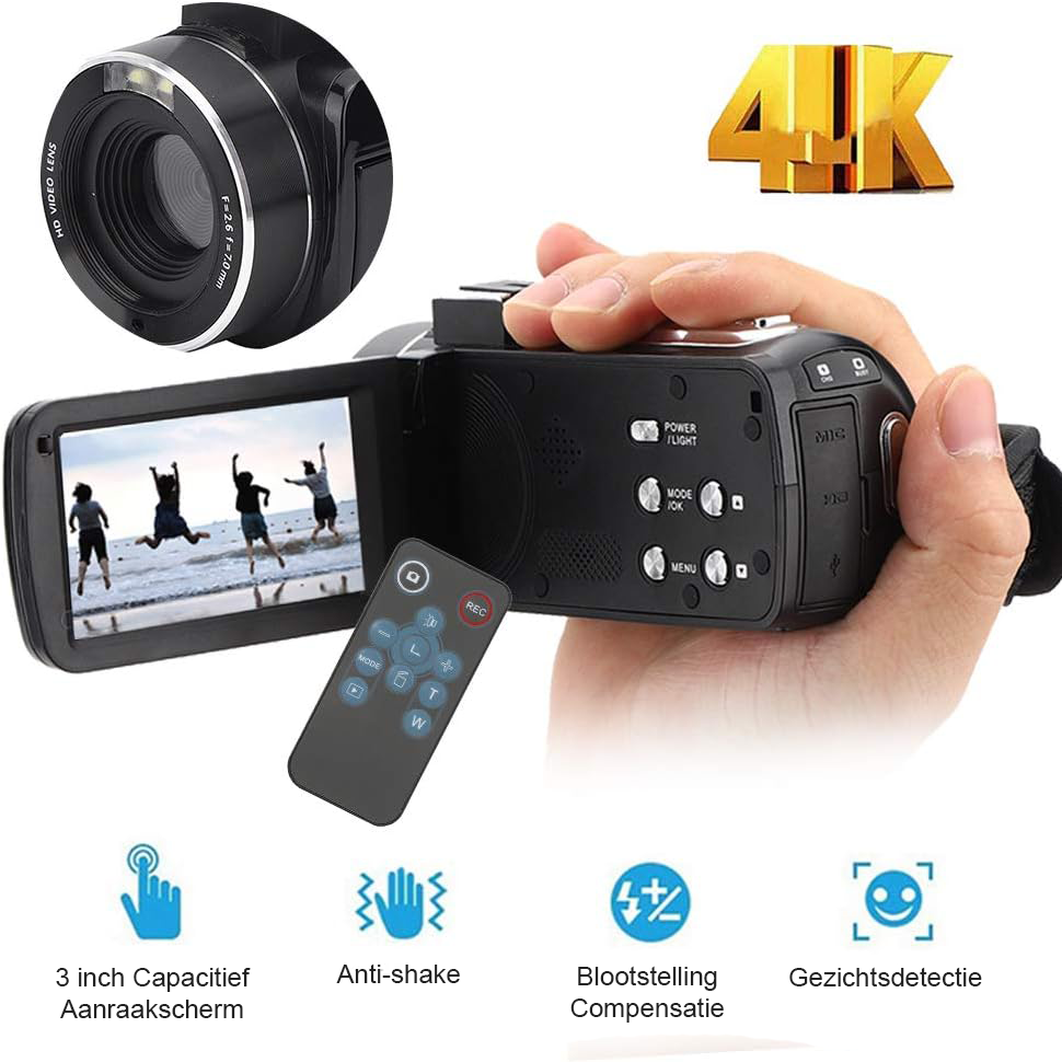Digitale videocamera 4K - compacte camcorder met 18x zoom voor video en fotografie - anti-shake en 3 inch touchscreen - professionele handheld opnamecamera