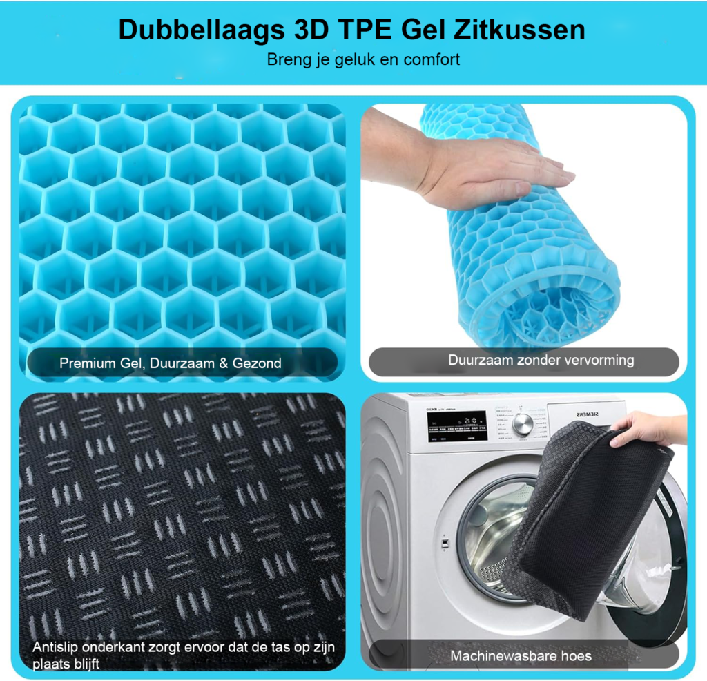 Gel zitkussen dubbel laags met antislip ademend bureaustoel kussen voor ergonomisch zitcomfort 43x39x4 cm azuurblauw
