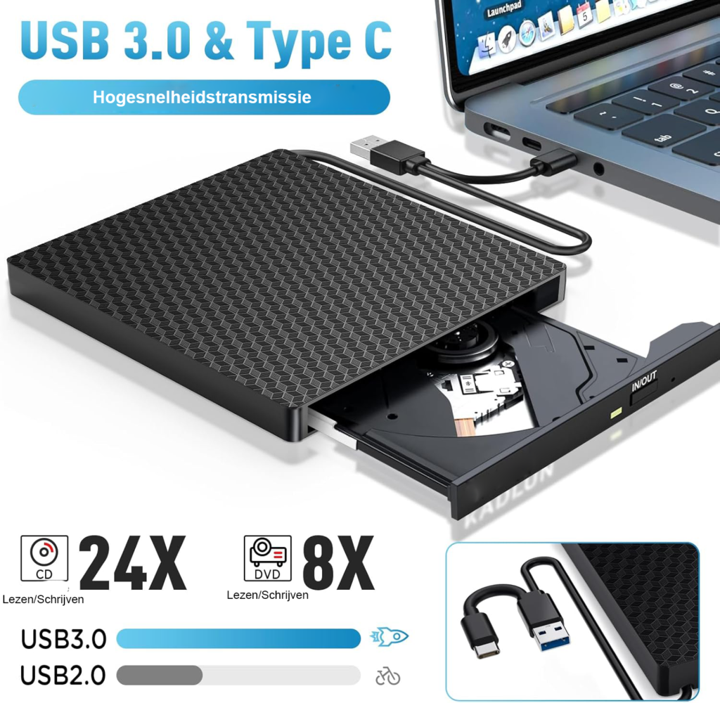 Externe DVD/CD drive USB 3.0 & USB-C - draagbare DVD brander en lezer voor laptop en pc, plug & play compatibel met Windows en Mac OS