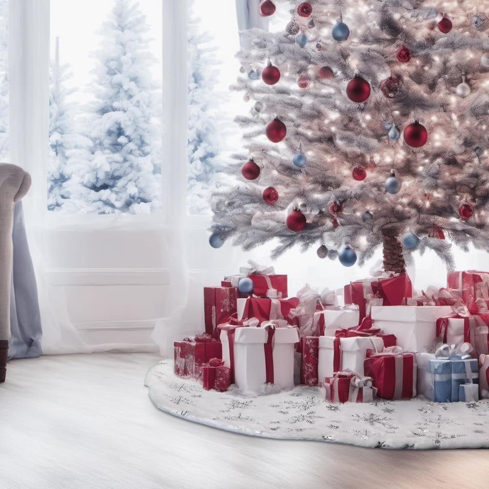 Kerstboomrok 90 cm sneeuwvlok design - kerstboomkleed decoratie - boomvoet afdekmat zilver - kerstboommat rond 90 cm