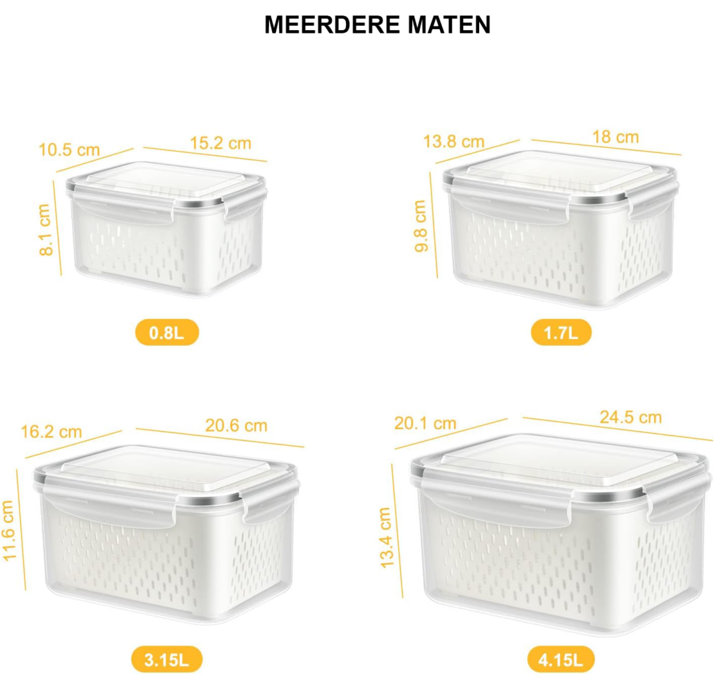 Fruitbewaarcontainer set koelkast 4 stuks stapelbare groente en fruit opbergbox met zeef kunststof keuken organizer