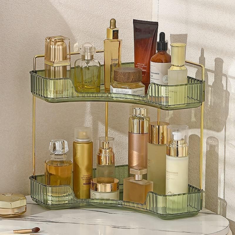 Hoekvormige badkamer organizer groen - make-up en skincare opbergrek met 2 lagen voor cosmetica en parfum