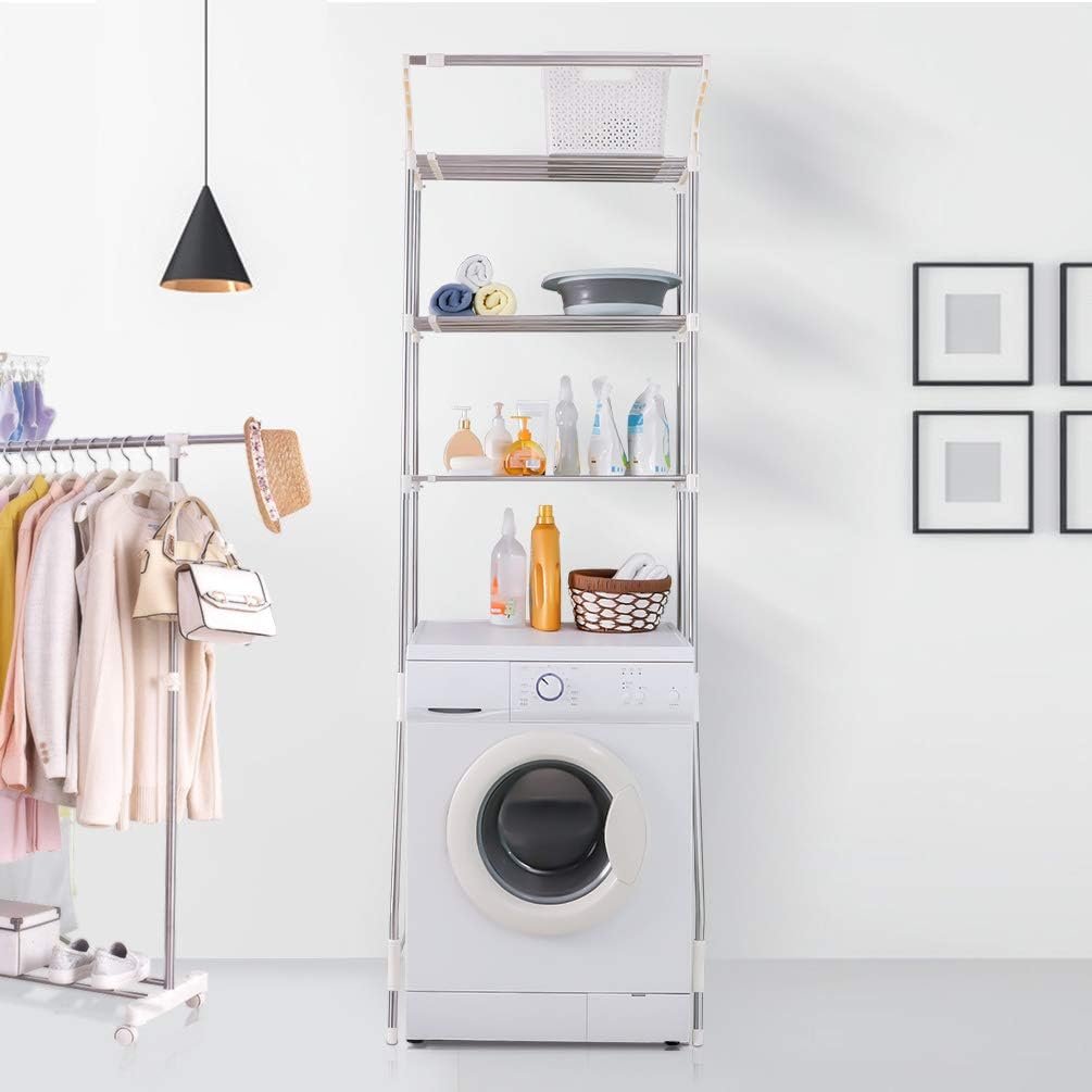 Wasmachine opbergrek 3-laags - wasruimte rek met kledinghanger - verstelbare breedte voor badkamer en toilet - ruimtebesparende etagère ivoor