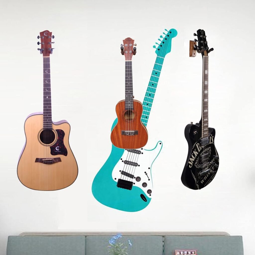 Gitaar wandhangers set van 3 – houten muurhouders voor akoestische en elektrische gitaar, ukulele, bas en banjo – wandmontage gitaarhouder zwarte en houten afwerking