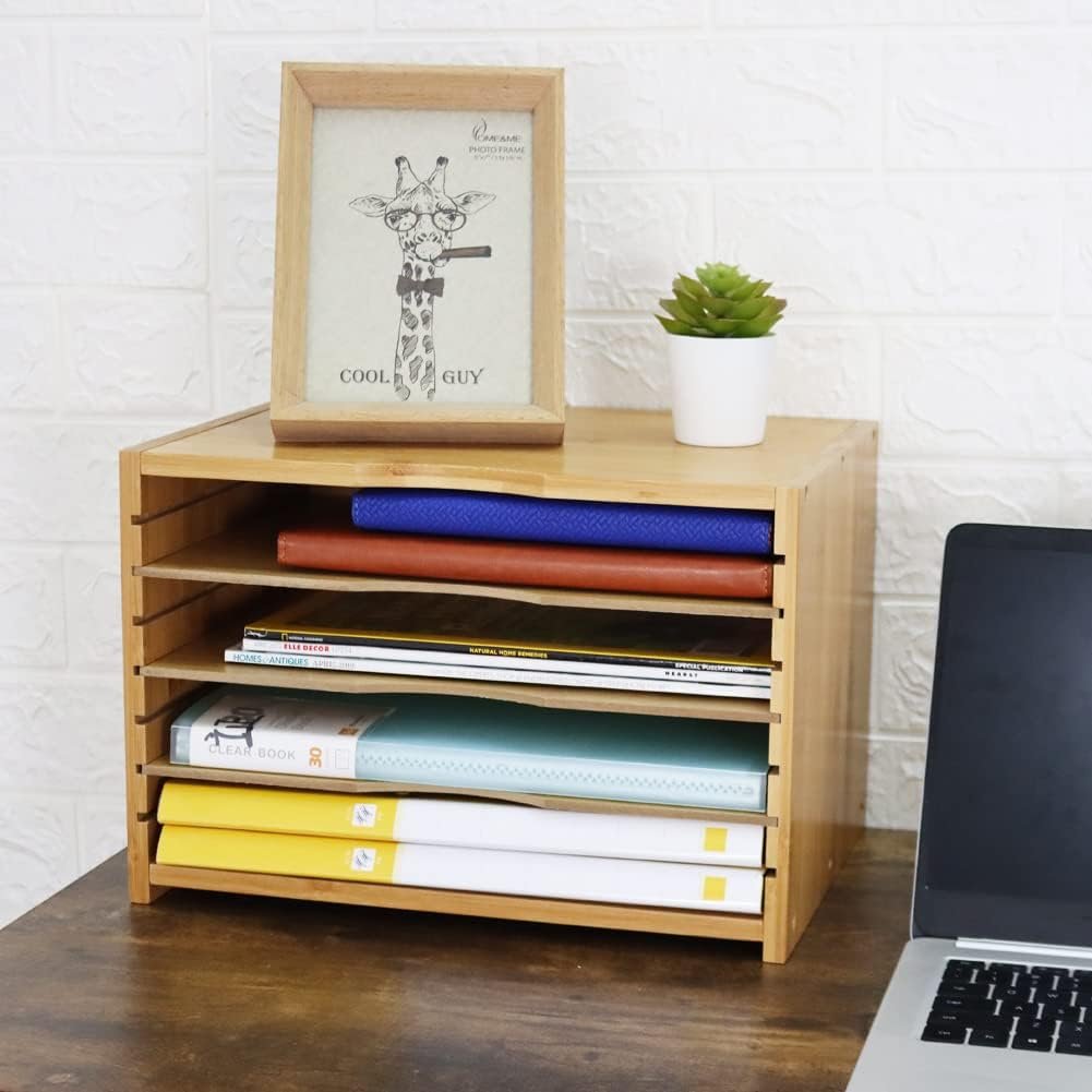 Bamboe Brievenbak met 3 Verstelbare Planken - Bureau Organizer - 3 Laags Papieren Lade voor Kantoor, Thuis, Studie - Deskopberging (Natuurlijke Kleur)
