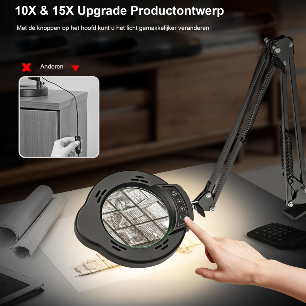 Vergrootglas lamp met klem en standaard - LED tafellamp met vergroting voor hobby en reparatie - Dimbaar met 5 kleurmodi en 10 helderheidsniveaus