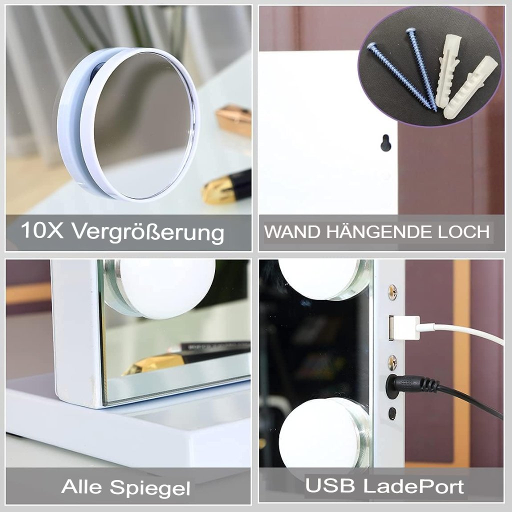 Hollywood spiegel met verlichting - Make-up spiegel LED dimbaar - Kleurtemperatuur instelbaar en oplaadpoort - Wit voor thuis en kantoor