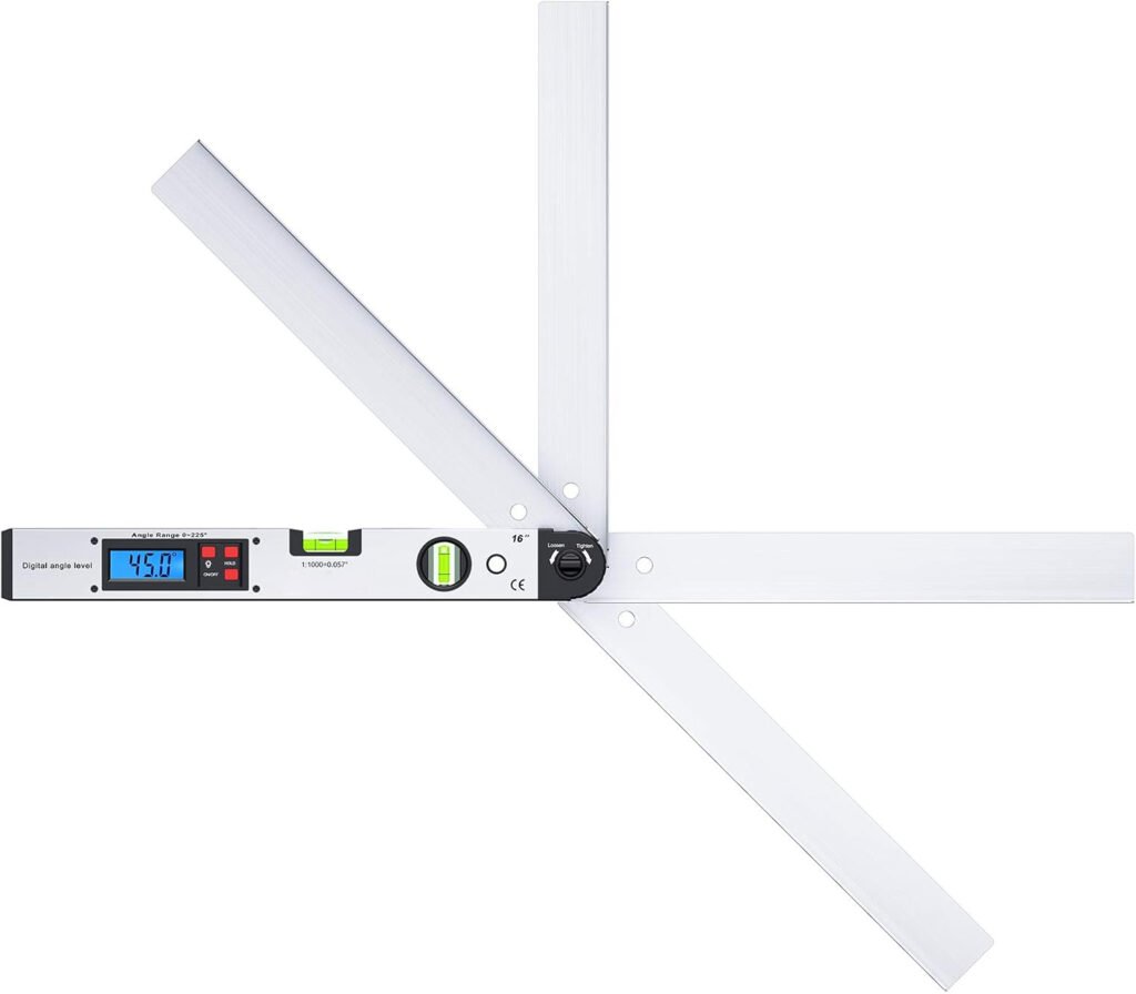 Digitale hoekmeter van aluminium met LCD display, digitale waterpas en 225° hoekmeetsysteem voor nauwkeurige horizontale en verticale metingen in zilver.