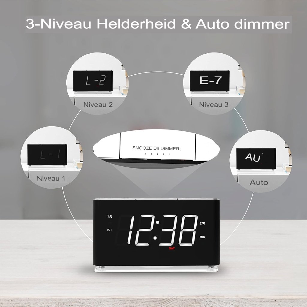 Wekkerradio met digitaal display, dimmerbediening, slaap- en radiotimer en back-up batterij in compact formaat voor nachtkastje.