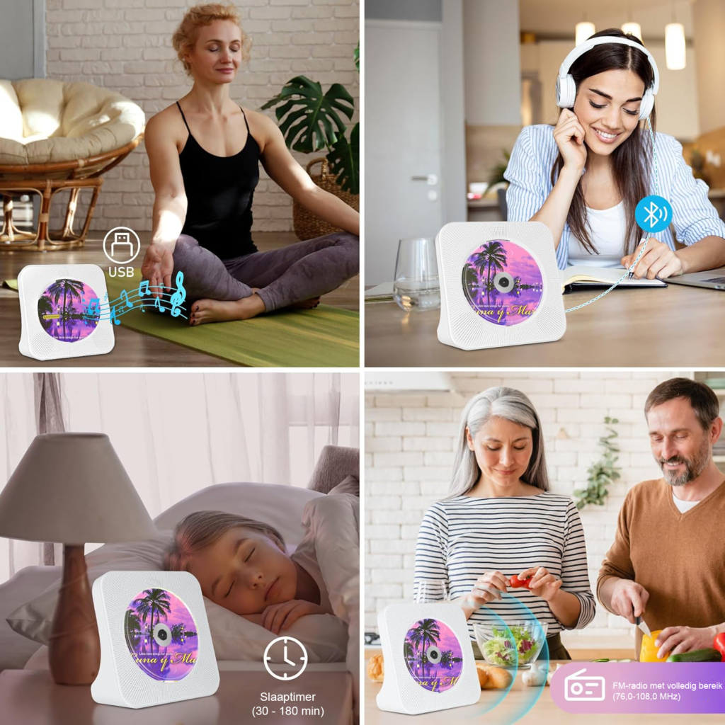 Draagbare CD Speler met Bluetooth 5.0 - HiFi Luidsprekers en FM Radio - AUX/USB Aansluiting met Afstandsbediening - Hoofdtelefoonaansluiting en Timer