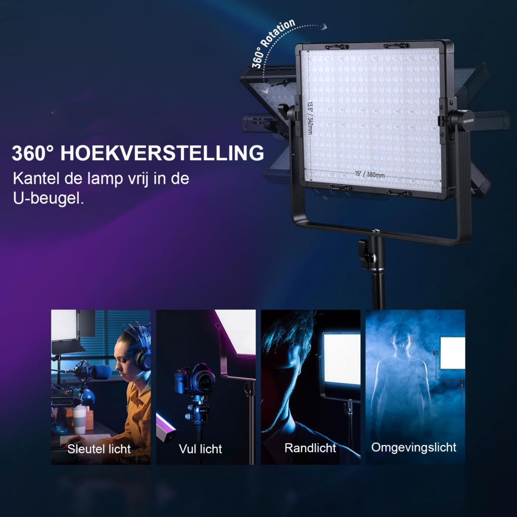 LED Videolampen Set van 2 - RGB Studioverlichting DMX App 2.4G - 18 Lichtscenes 2500K-10000K - 60W 23000 Lux Statief Draagtas
