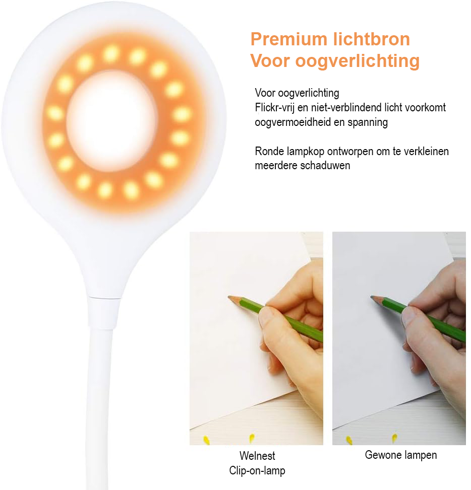 Leeslamp met klem en 16 LED's - USB oplaadbaar nachtlampje - dimbaar met blauwlichtfilter - flexibele 360 graden gooseneck verstelbaar