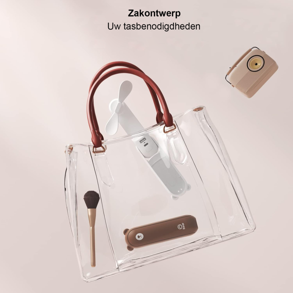 Draagbare mini ventilator 3-in-1 handventilator oplaadbare zakventilator met powerbank en zaklamp functie bruin 14-21 uur werktijd