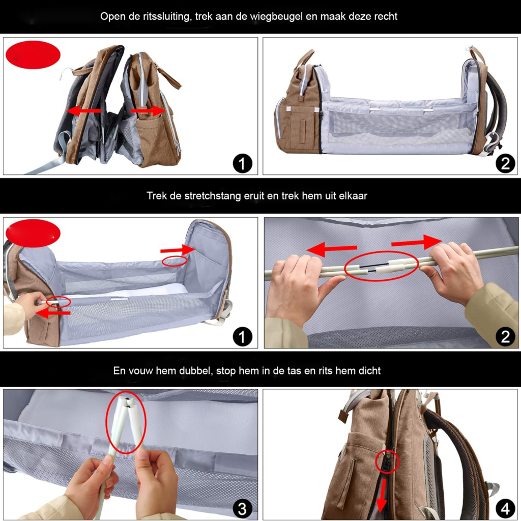 Multifunctionele luiertas rugzak met opvouwbaar babybed en verzorgingsstation khaki voor reizen en dagjes uit