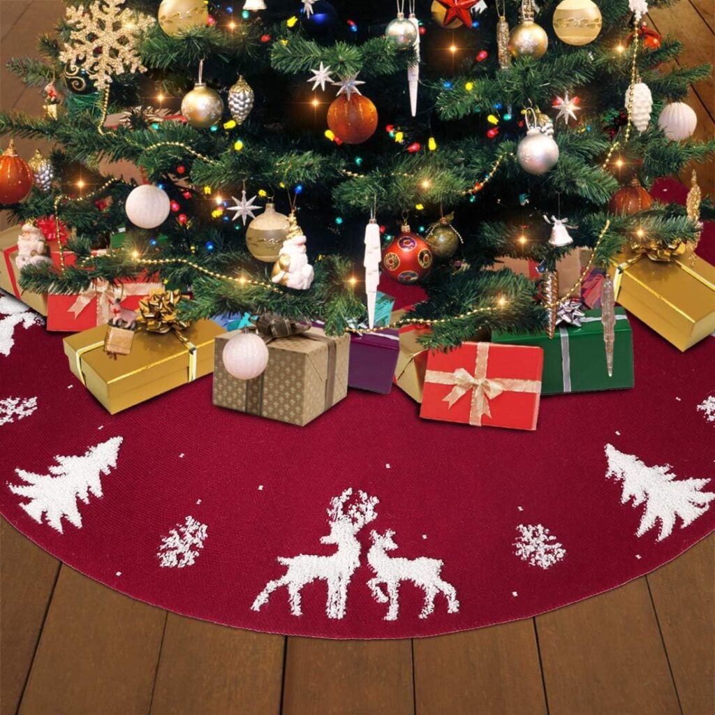 Grote rode gebreide kerstboomrok met 3D elanden en sneeuwvlokken Ø48 inch kerstboomkleed basisbedekking kerstdecoratie