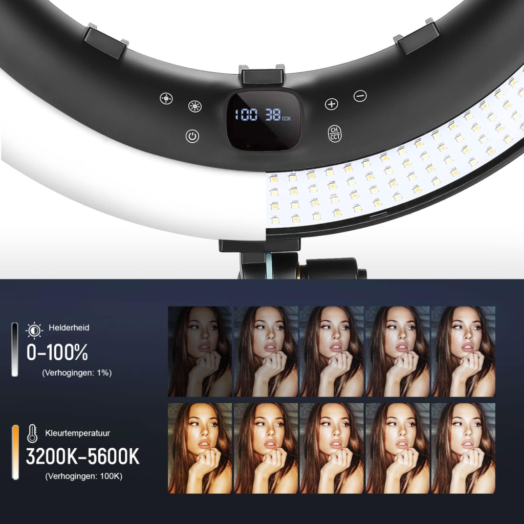 Ringlamp 19 inch met statief en 3 telefoonhouders – LED streaming lamp met 2.4G draadloze bediening, traploze dimming en 42W 2540 lux voor thuiswerk en video calls