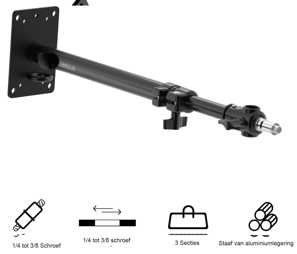 Verstelbare wandmontage arm set 55 cm voor foto- en videostudio met universele adapter voor softbox, reflector, paraplu en flitslicht, 2 stuks.