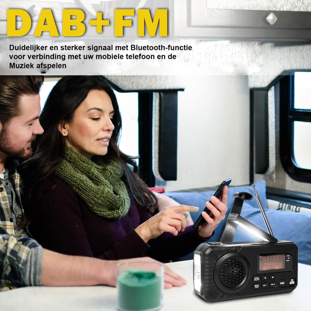 Zonne-energie noodradio met DAB+ en AM/FM - Opwindbare weerradio met zaklamp en SOS alarm - Powerbank camping radio - Draagbare noodradio oplaadbaar