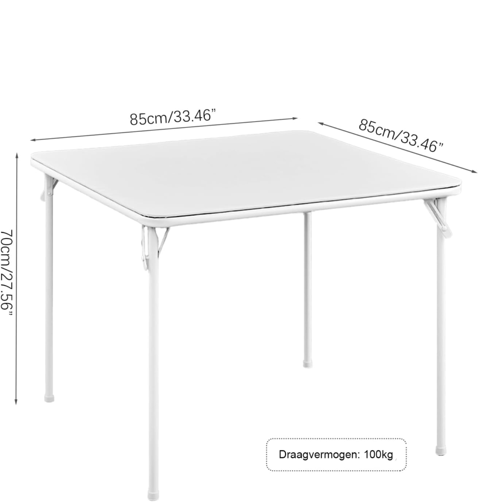 Vouwbare witte tafel 85 cm vierkant met vinyl blad en inklapbare poten draagbare eetkamertafel voor binnen en buiten gebruik