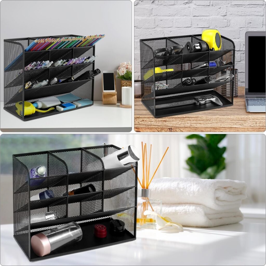 Mesh bureau organizer zwart met 9 compartimenten penhouder voor kantoor en school benodigdheden