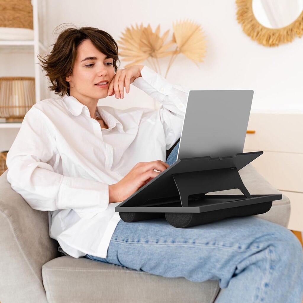Laptopstandaard met kussenondersteuning - ergonomische laptoptafel voor bed en bank - verstelbare hoek en hoogte - draagbaar lichtgewicht zwart