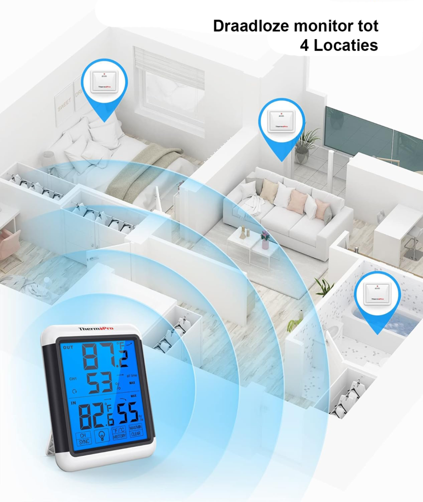 Digitale draadloze hygrometer en thermometer met touchscreen, temperatuur- en luchtvochtigheidsmeter en bereik tot 150 meter voor binnengebruik.