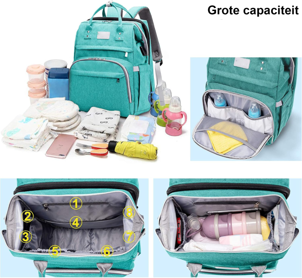 Mintgroene luiertas rugzak met grote capaciteit, opvouwbaar babybed, schaduwdoek en geïsoleerde flessenvakken voor baby's en reizen.