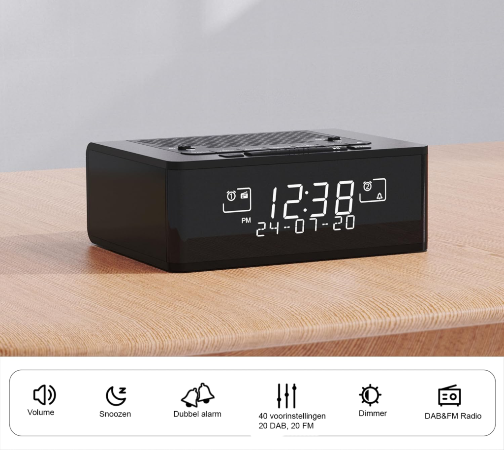 DAB FM wekkerradio alarmklok met Bluetooth en dubbel alarm dimbaar LCD scherm tafelradio met snooze en 40 zenders
