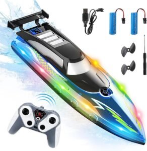 RC Boot met Afstandsbediening – Bestuurbare Speedboot met LED-verlichting – 2 Oplaadbare Batterijen – 2.4GHz en 50 km/u