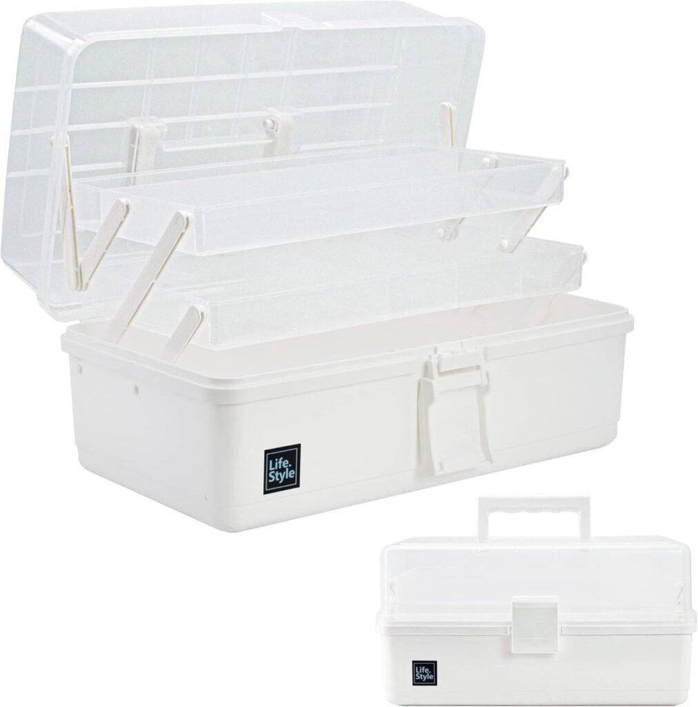Witte opbergbox 33 cm met 3 lagen en uittrekbare trays voor accessoires, gereedschap en kleine spullen