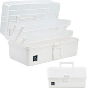 Witte opbergbox 33 cm met 3 lagen en uittrekbare trays voor accessoires, gereedschap en kleine spullen