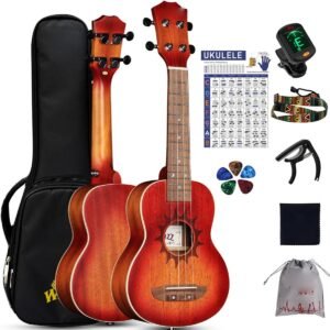 Ukulele 23 inch mahonie – Concert ukulele met matte sunburst afwerking – Warm vol geluid met carbon snaren – Voor beginners en gevorderden