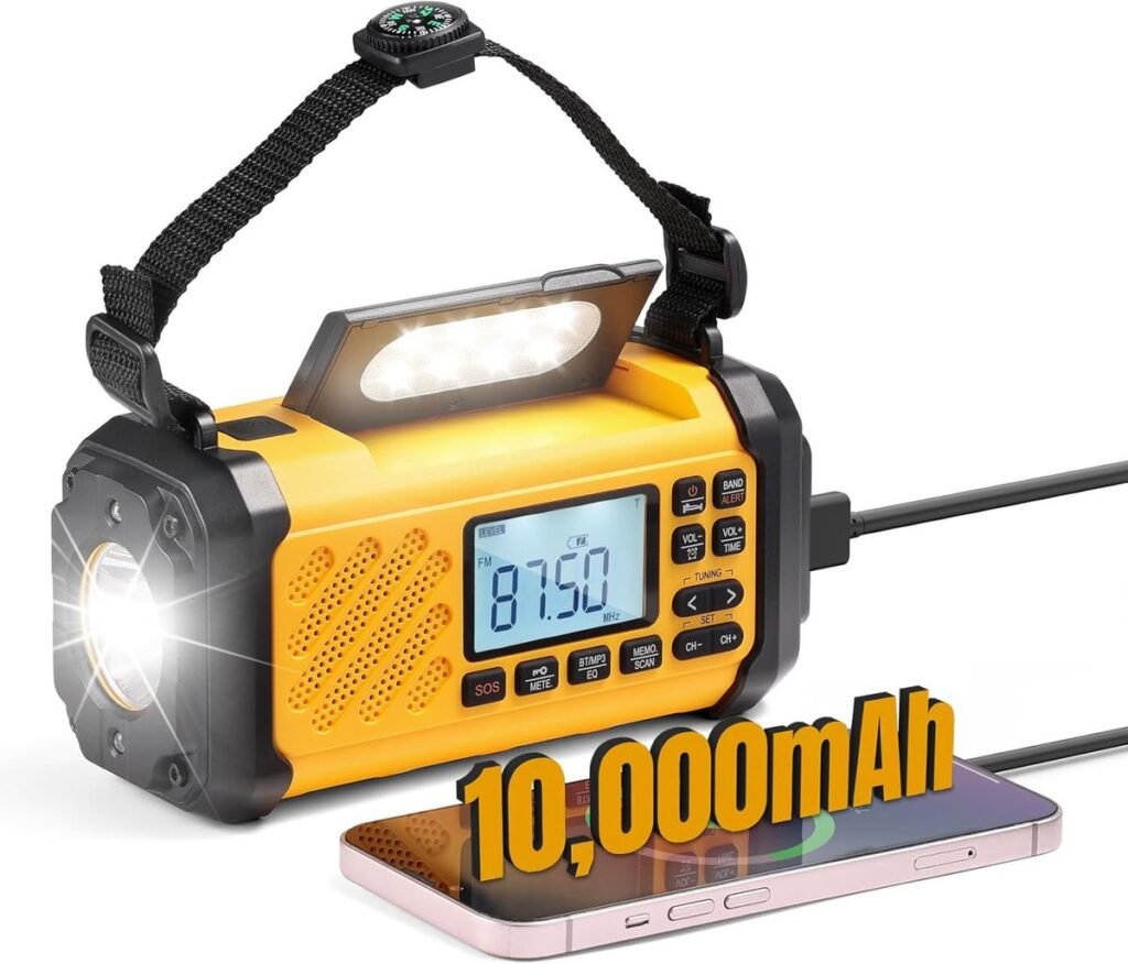 Noodradio met 10000mAh accu, zonnepaneel, handmatige opwinding, zaklamp en powerbank voor kamperen en noodsituaties