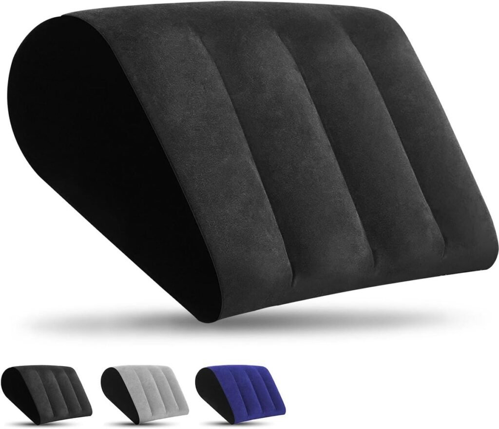 Opblaasbaar wigkussen met nek- en rugsteun voor yoga, reizen, camping en strand in zwart met lichtgewicht compact ontwerp