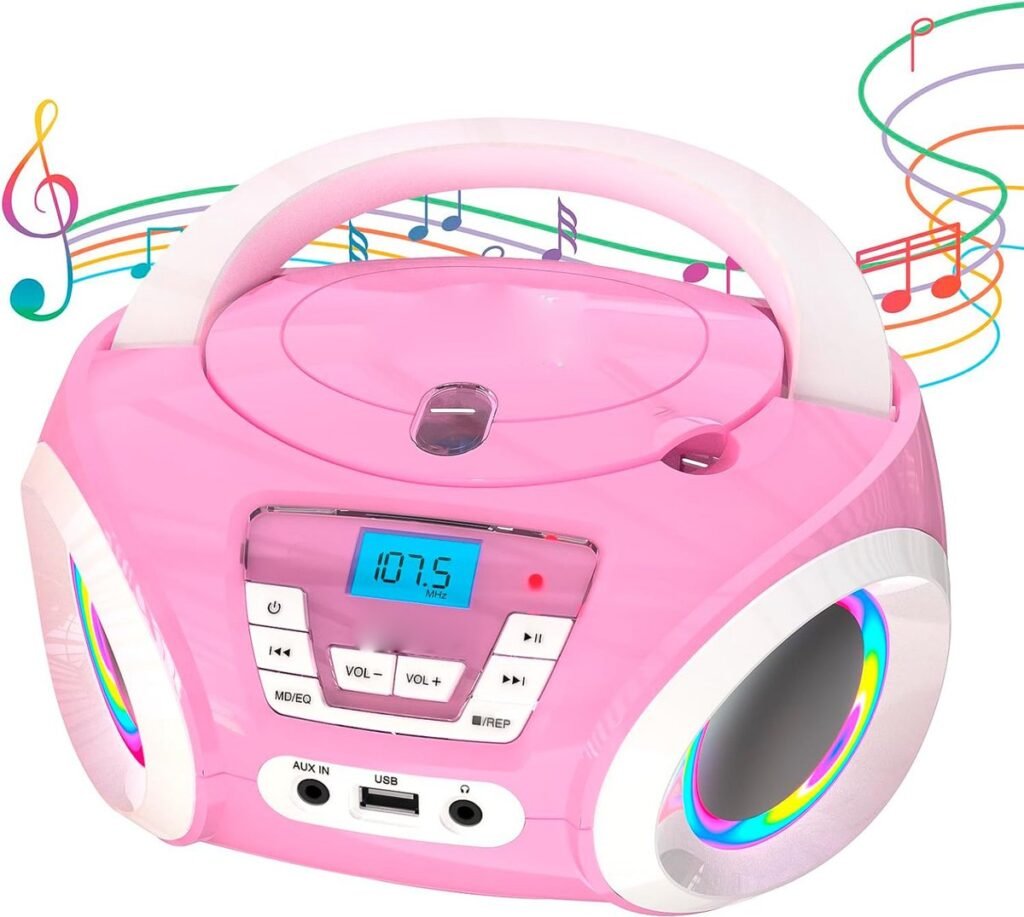 Draagbare roze CD-speler voor kinderen met FM-radio, luidsprekers en batterijen, boombox voor peuters.