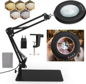 Vergrootglaslamp 10x – LED Bureaulamp met Loep – Verstelbare Werkverlichting voor Lezen en Handwerken – Met Klem en Basis