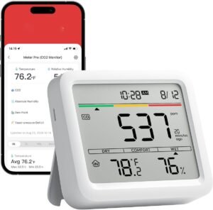 CO2 Meter voor Binnen – Luchtkwaliteitsmeter met Temperatuur en Luchtvochtigheid – Bluetooth Sensor met App – Smart Binnenklimaat Monitor