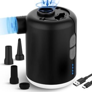 Elektrische luchtpomp op accu – Draagbare mini luchtpomp voor zwembad en luchtbed – Oplaadbare batterij met 4 opzetstukken – Compact formaat