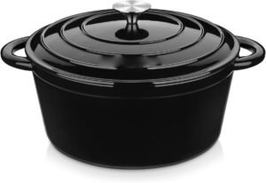 Gietijzeren Pan met Deksel 6,5 Liter – Emaille Braadpan Zwart – Stoofpan voor Oven en Alle Warmtebronnen – Ø29 cm Gietijzer Pan