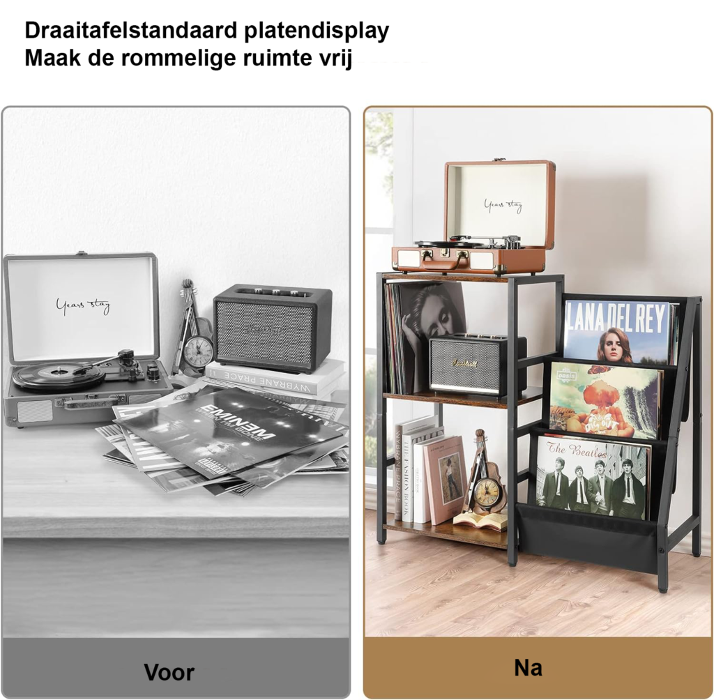 Platenspeler tafel met 3 laags vinyl opbergrek voor 200 albums in de woonkamer