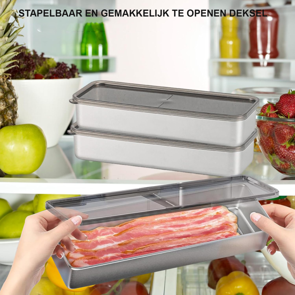 Bacon opslagdoos van roestvrij staal met deksel voor koelkast, luchtdichte vleesopslag container set van 2 stuks