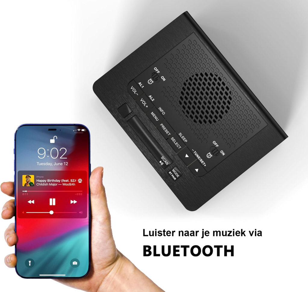 DAB FM wekkerradio alarmklok met Bluetooth en dubbel alarm dimbaar LCD scherm tafelradio met snooze en 40 zenders