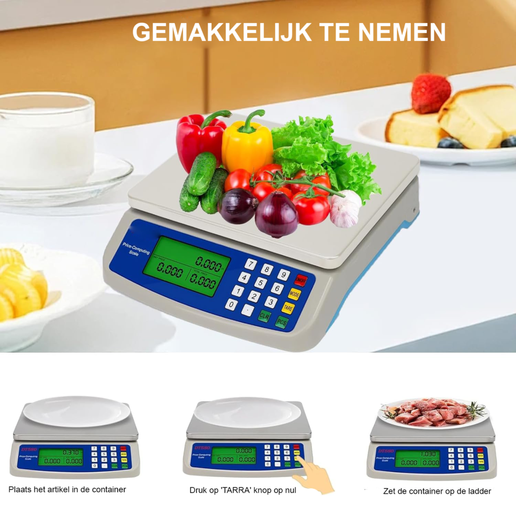 Digitale keukenweegschaal 30 kg met LCD-display, tara-functie en stuktelfunctie voor het nauwkeurig wegen van voedsel en fruit