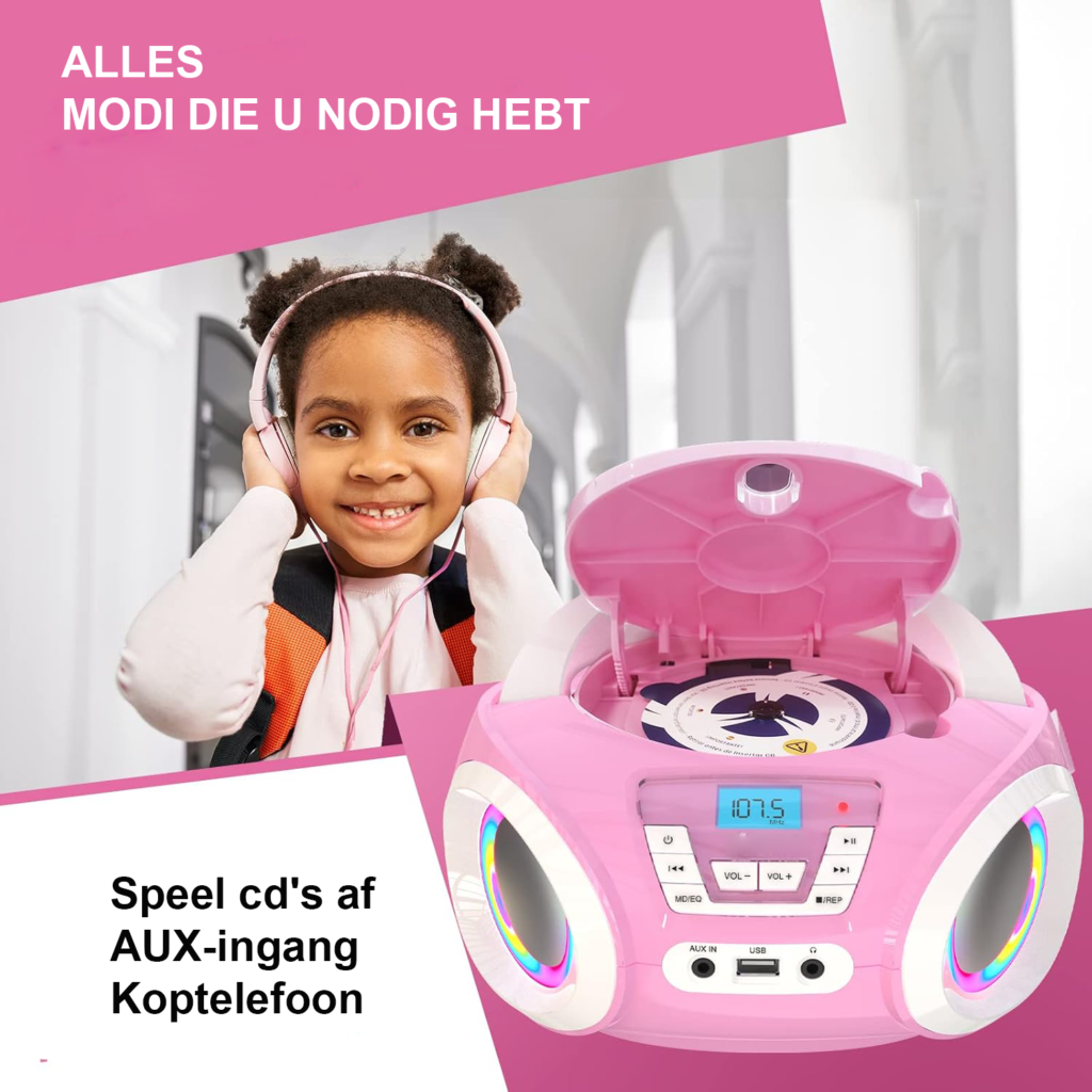 Draagbare roze CD-speler voor kinderen met FM-radio, luidsprekers en batterijen, boombox voor peuters.