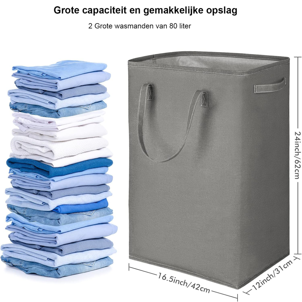 2-pack 80L opvouwbare wasmand met lange handgrepen voor badkamer en slaapkamer opslag van kleding en wasgoed