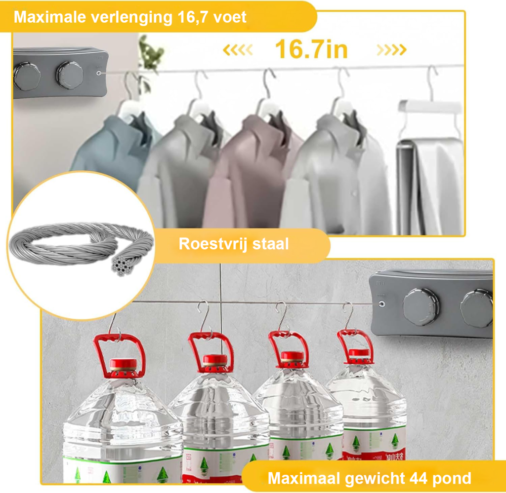 uittrekbare dubbele waslijn RVS 2x5,1m inklapbaar ruimtebesparend binnen buiten wit verstelbare clothesline