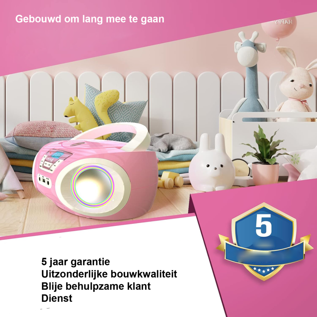 Draagbare roze CD-speler voor kinderen met FM-radio, luidsprekers en batterijen, boombox voor peuters.