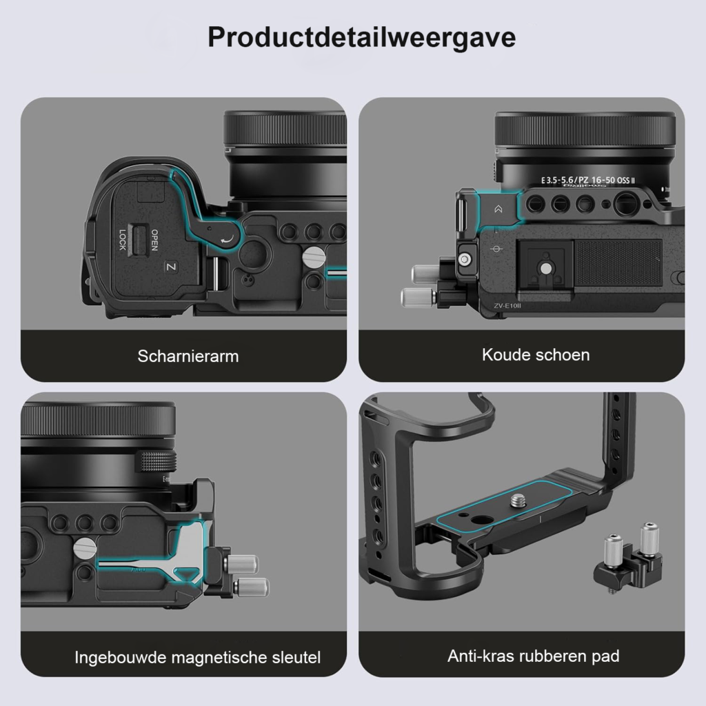 Camera cage kit voor Sony Alpha ZV-E10 II met HDMI kabelklem en quick release plaat