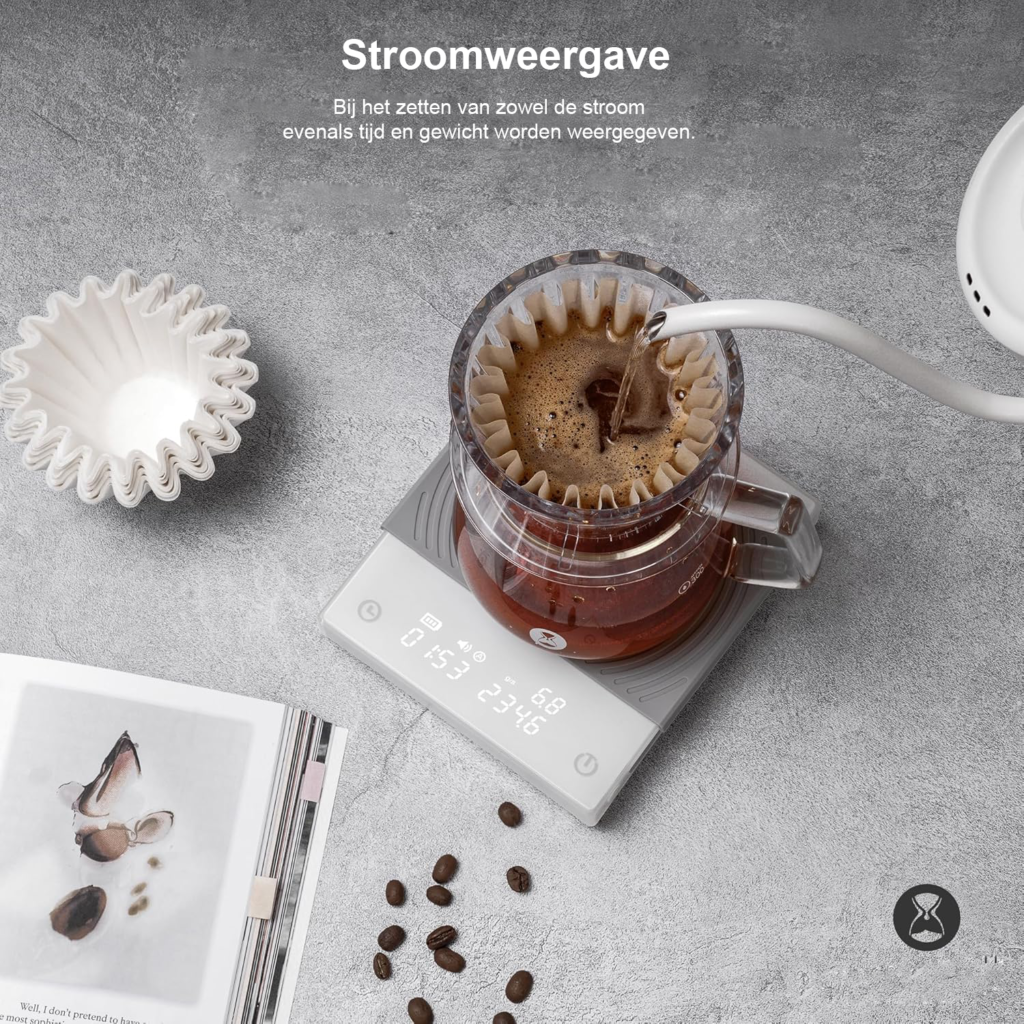 Digitale koffieweegschaal met timer, 0,1 g nauwkeurigheid, flow rate functie en USB-C opladen voor espresso en pour-over koffie.
