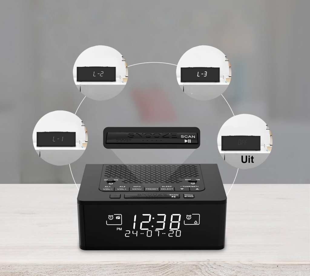 DAB FM wekkerradio alarmklok met Bluetooth en dubbel alarm dimbaar LCD scherm tafelradio met snooze en 40 zenders